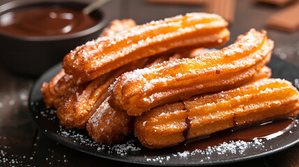 Churros with sugar and chocolate sauce