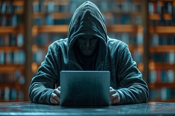 Concept of hacking cybersecurity, hacker without face hidden in the hoodie only dark spot in the hoodie typing computer laptop - obrazy, fototapety, plakaty