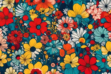 Foto op Plexiglas anti-reflex Radiant and lively, an abstract masterpiece showcases flowers in a seamless pattern, capturing the essence of retro aesthetics with a vibrant primary color backdrop. © Best