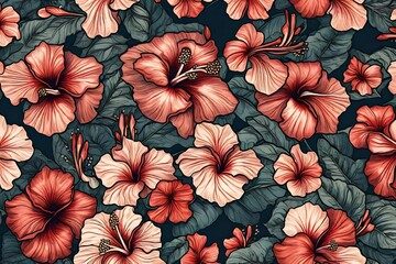 Fototapeta na wymiar An HD camera's lens capturing the detailed beauty of tropical hibiscus flowers, artfully arranged in a seamless pattern with a vintage touch.