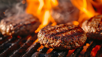 Juicy beef hamburger patties sizzling over hot flames on the barbecue - obrazy, fototapety, plakaty