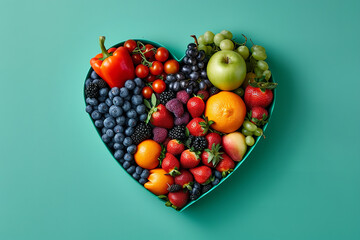 one bowl of fruits and vegetables in the shape of a heart on a green background