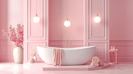 Fototapeta na wymiar Pastel pink bathroom decor with elegant accessories and soft lighting