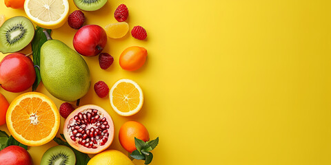 Professional photo of assortment fruits on yellow pastel with copy space