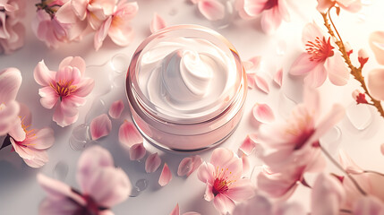  premium face cream jar surrounded by delicate flower petals
