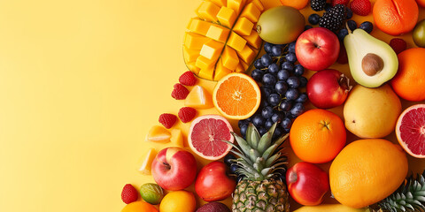 Naklejka na ściany i meble Professional photo of assortment fruits on yellow pastel with copy space