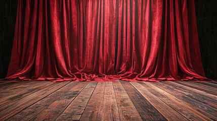 red curtain with oak floor