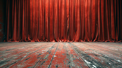 red curtain with oak floor