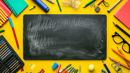 Supplies for school border on black chalkboard on yellow background 3D Rendering