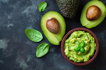 Top view, Guacamole with avocado on dark marble background, food photography concept