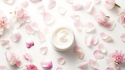 Luxurious face cream jar surrounded by delicate flower petals-mockup