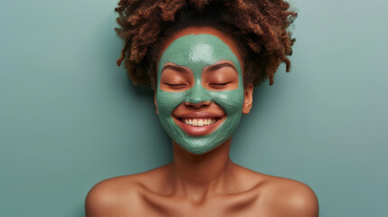 Young african woman smiling with green facial mask