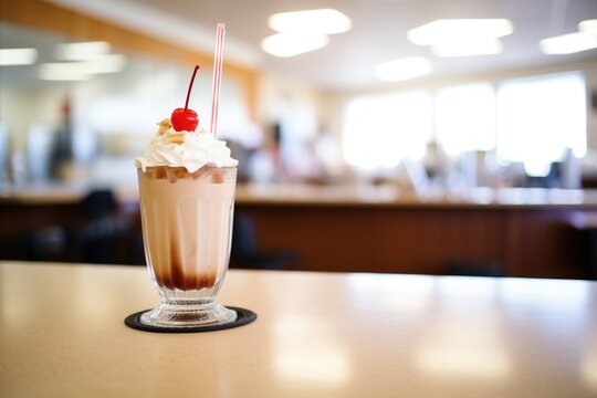 root beer float with a cherry on top, on a diner counter