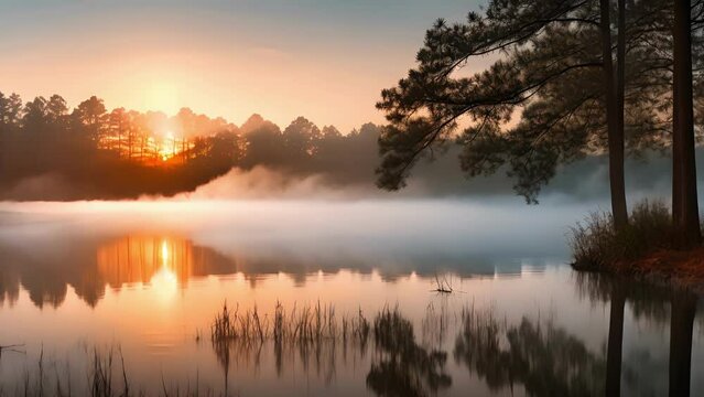 Dawns Embrace The soft glow of sunrise casting a warm light through the fog on a tranquil lake.