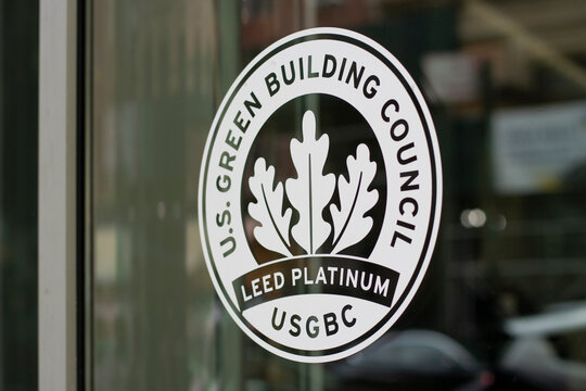 New York, NY, USA - July 5, 2022: Closeup of the LEED Platinum certificate issued by the U.S. Green Building Council (USGBC) seen at the entrance to an office building in New York City.