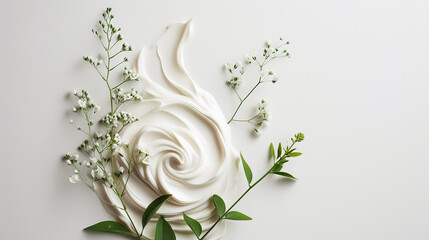 Face cream swirls merging with botanical elements, portrayed in high-quality resolution against a white background