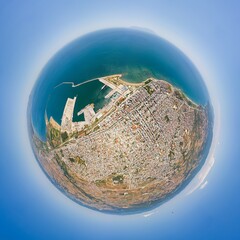 Alexandroupolis, Greece. Panorama of the city and port. Summer day. 360 degree aerial panoramic asteroid