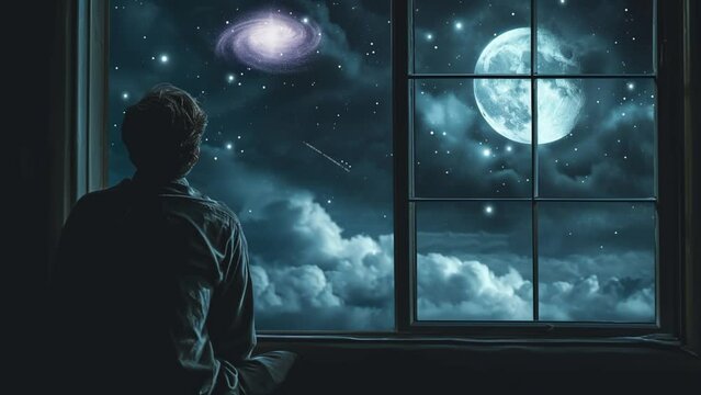 a man sits and looks out the night window, outside the window there are stars and the moon, seamless looping 4k time laps animation video background
