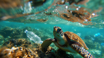 Obraz premium Plastic pollution in ocean environmental problem. Turtles can mistake plastic bags for jellyfish and eat them. Environmental issue of plastic pollution problem. Plastic pollution in ocean.