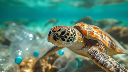 Plastic pollution in ocean environmental problem. Turtles can mistake plastic bags for jellyfish and eat them. Environmental issue of plastic pollution problem. Plastic pollution in ocean.