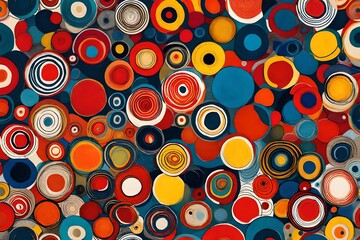 Playful and sophisticated, an abstract masterpiece unfolds with circles in a seamless pattern, bathed in the lively brilliance of primary colors.