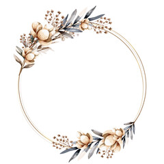 Botanical frame and border. Gold line circle with cotton, beige and green leaves wreath. Vector illustration.