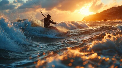 Parachute surfer jumping on the water, extreme sport