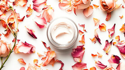 Luxurious face cream jar surrounded by delicate flower petals-mockup