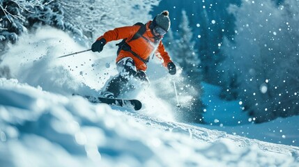 Skiing through a serene, snow-covered forest