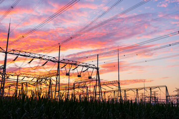 The pylons are in the evening, Substation in the evening, High voltage substation and beautiful...