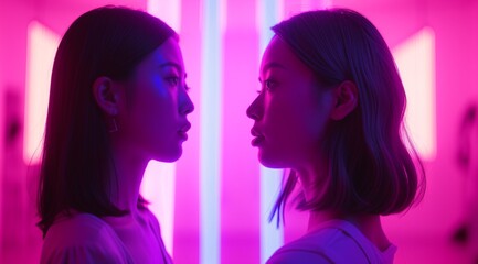 Elegant profile view of two women in serene contemplation, their features illuminated by a vivid pink neon glow, creating an atmosphere of reflection and modern artistry.