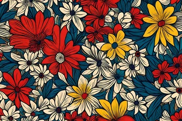 Foto op Plexiglas anti-reflex A burst of creativity unfolds with flowers in an abstract masterpiece, forming a seamless pattern adorned with the timeless charm of retro-inspired primary colors. © Best