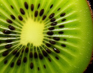 Kiwi fruit close-up with water drops on it. Slice of kiwi with air bubbles