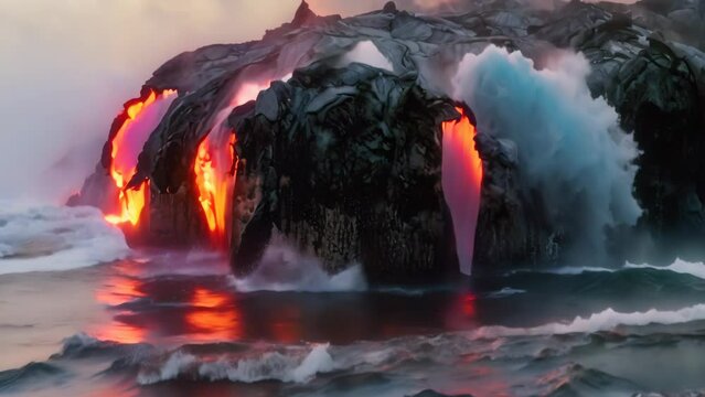 Gazing upon the ocean vista of Kilauea Volcano on Big Island, Hawaii, United States. Active volcano active since 1983, putting on a captivating display. mesmerizing cinemagraph during sunset.