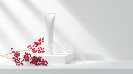  A sleek tube of fruit-infused cream displayed in high-quality against a stylish white backdrop