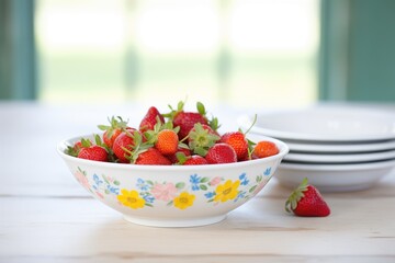 freshly picked strawberries in a white ceramic bowl