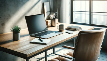 A modern and minimalist workspace featuring an open laptop, desk lamp, and office supplies, bathed in natural light from a window.