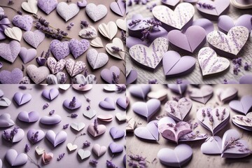 Lavender paper hearts artfully laid out, evoking a sense of romance and intimacy, complementing your heartfelt sentiments.