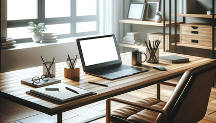 A modern and minimalist workspace featuring an open laptop, desk lamp, and office supplies, bathed in natural light from a window.