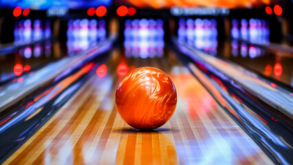 An orange bowling ball on a shiny alley with pins in the background and neon lights, highlighting fun and leisure.