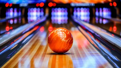 Foto op Canvas An orange bowling ball on a shiny alley with pins in the background and neon lights, highlighting fun and leisure. © apratim