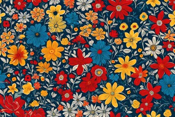 A dance of flowers takes center stage, creating a retro-style print with a seamless pattern that celebrates creativity in vibrant primary colors.