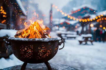 A cozy outdoor fire pit glowing with warmth and sparks, surrounded by the festive ambiance of a snowy winter night.