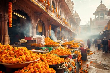 Bustling Indian market with marigold flowers, street vendors, and a crowd walking under warm sunlight. - obrazy, fototapety, plakaty