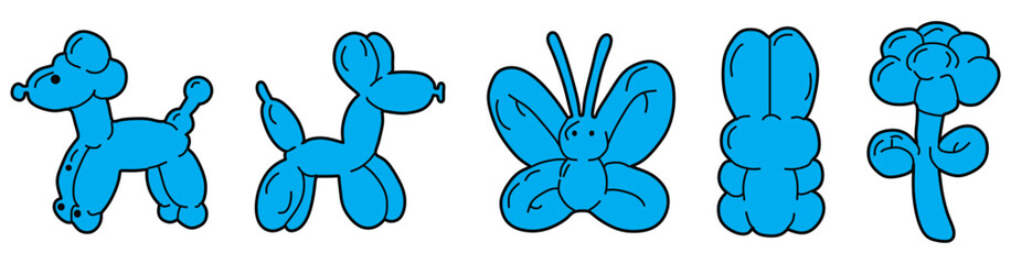 Balloon animals  collection  Blue Color and bubble sticker. Dog flower butterfly bunny poodle in trendy retro style. Cartoon graffiti tattoo vector illustration isolated on white background.