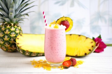 exotic dragon fruit smoothie with a slice on the rim