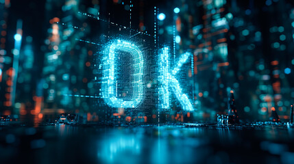 A holographic OK sign projected in a digital environment with a dark