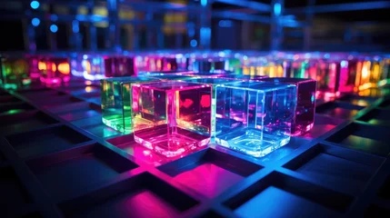 Fotobehang A group of colorful cubes in a dark room. Generative AI. © serg3d