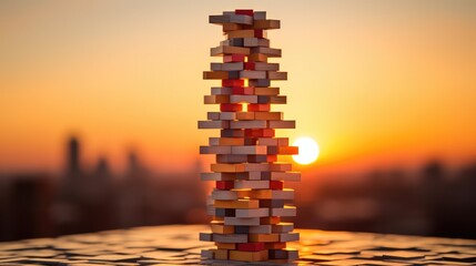 A tower of wooden blocks is shown at sunset. Generative AI.