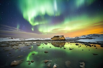 southern lights over a penguin colony on a snowfield